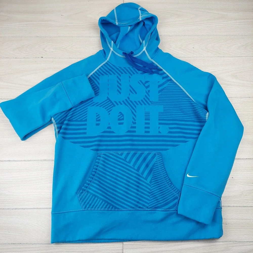 Nike Therma FIT Just Do It Hoodie Mens XL‎ Pullover Thumb Hole Blue Athletic